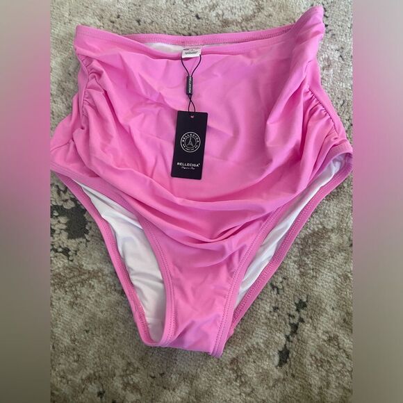 NWT RELLECIGA Swimsuit Neon Rose High Waisted Ruched Bikini Bottom Size S - Picture 2 of 12